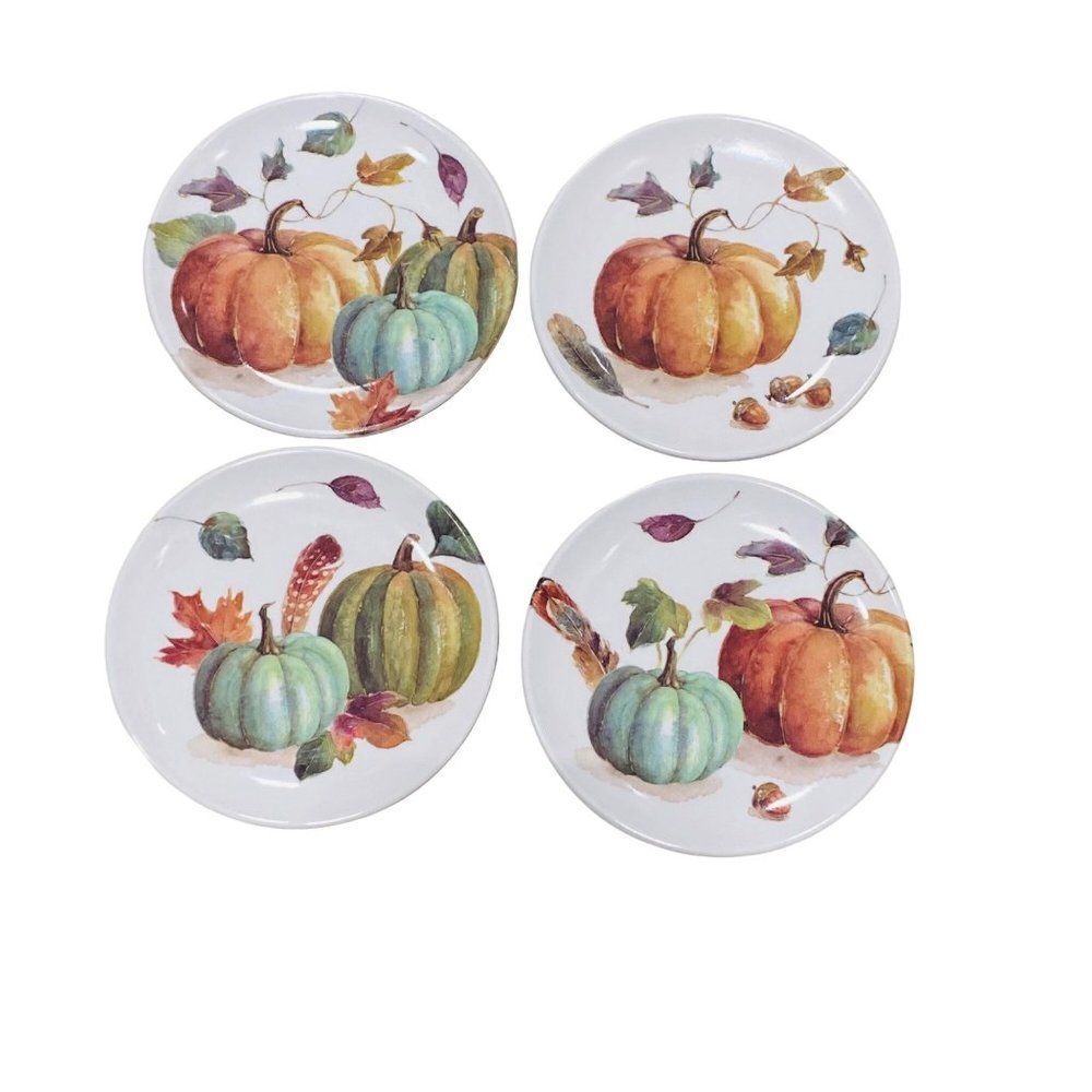 Harvest Pumpkins October Fall Leaves 6in Melamine Canape Appetizer Plates Set 4